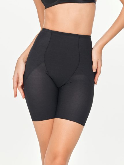 Close-up front detail of the BEYOURA Bailey High-Waisted sculptLOVE mid-thigh shorts in black with tummy control panel