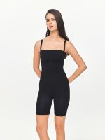 Close-up front detail of the BEYOURA Bailey Mid-Thigh sculptLOVE bodysuit in black showing seamless fit