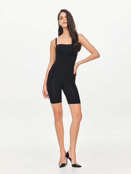 Front view of the BEYOURA Bailey Mid-Thigh sculptLOVE bodysuit in black with adjustable straps