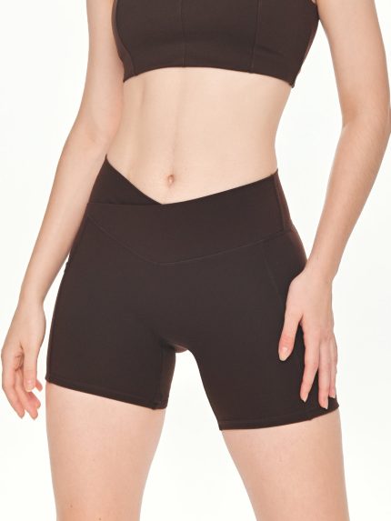 Close-up front view of the BEYOURA Elliana V-Line luxeFIT Shorts in brown