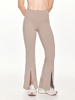 Close-up front view of the BEYOURA Estelle Flared luxeFIT Leggings in beige