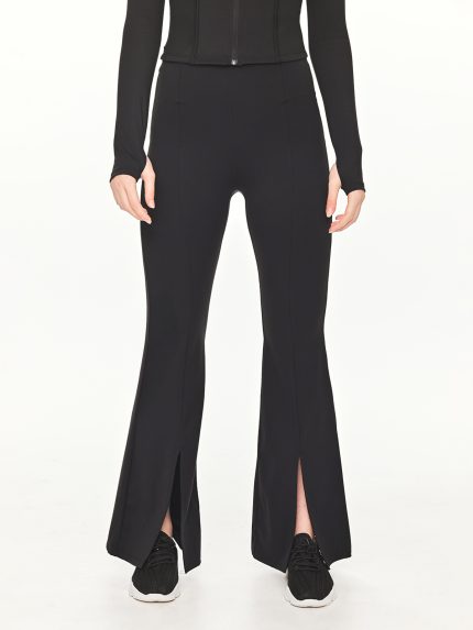 Close-up front view of the BEYOURA Estelle Flared luxeFIT Leggings in black